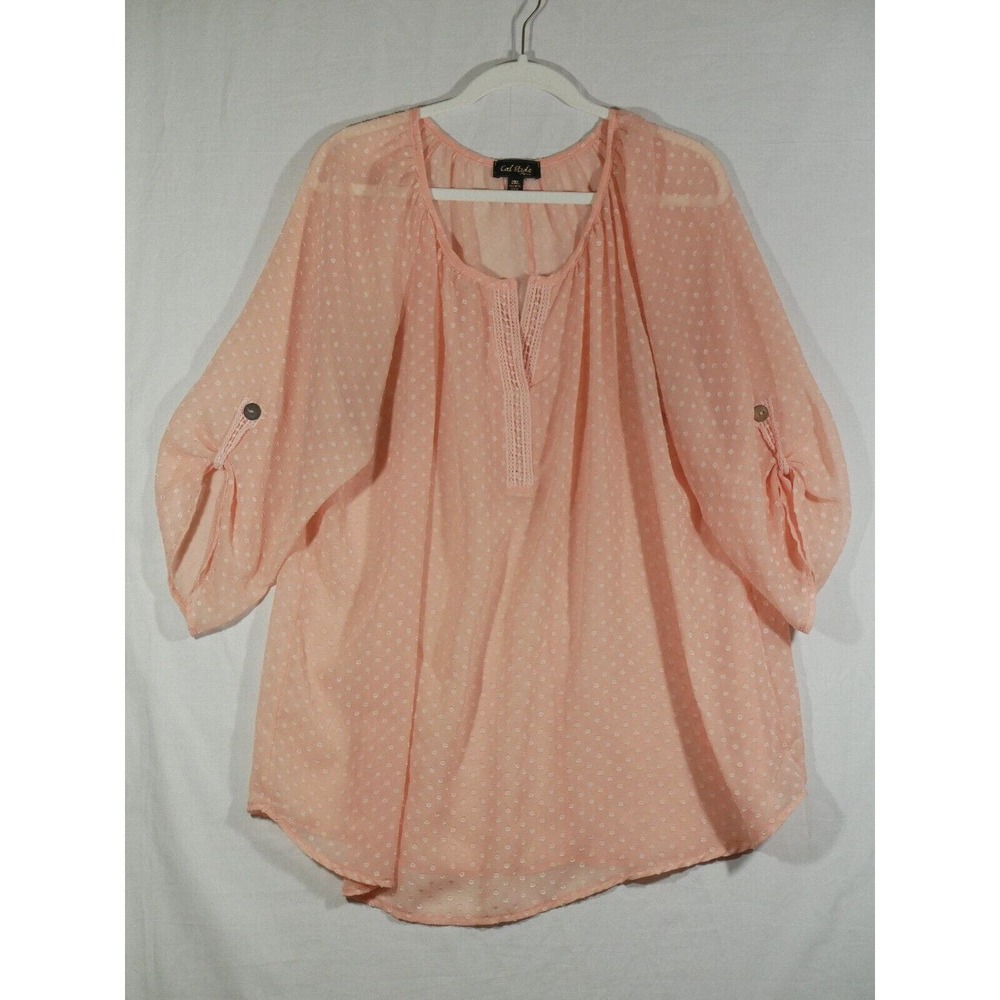 Vintage Cal Style Peach Sheer Long Sleeve Tunic Boho Blouse 2XL